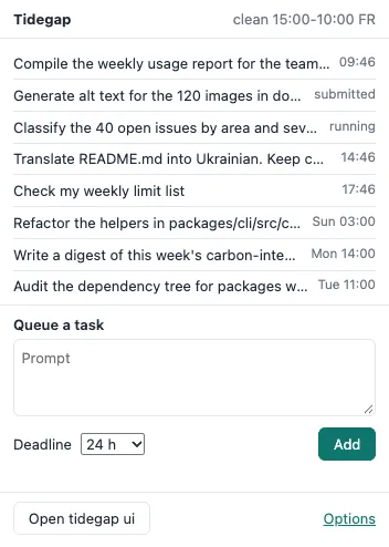 The browser extension popup: the active tasks with their run times, the clean window, and a quick-add form